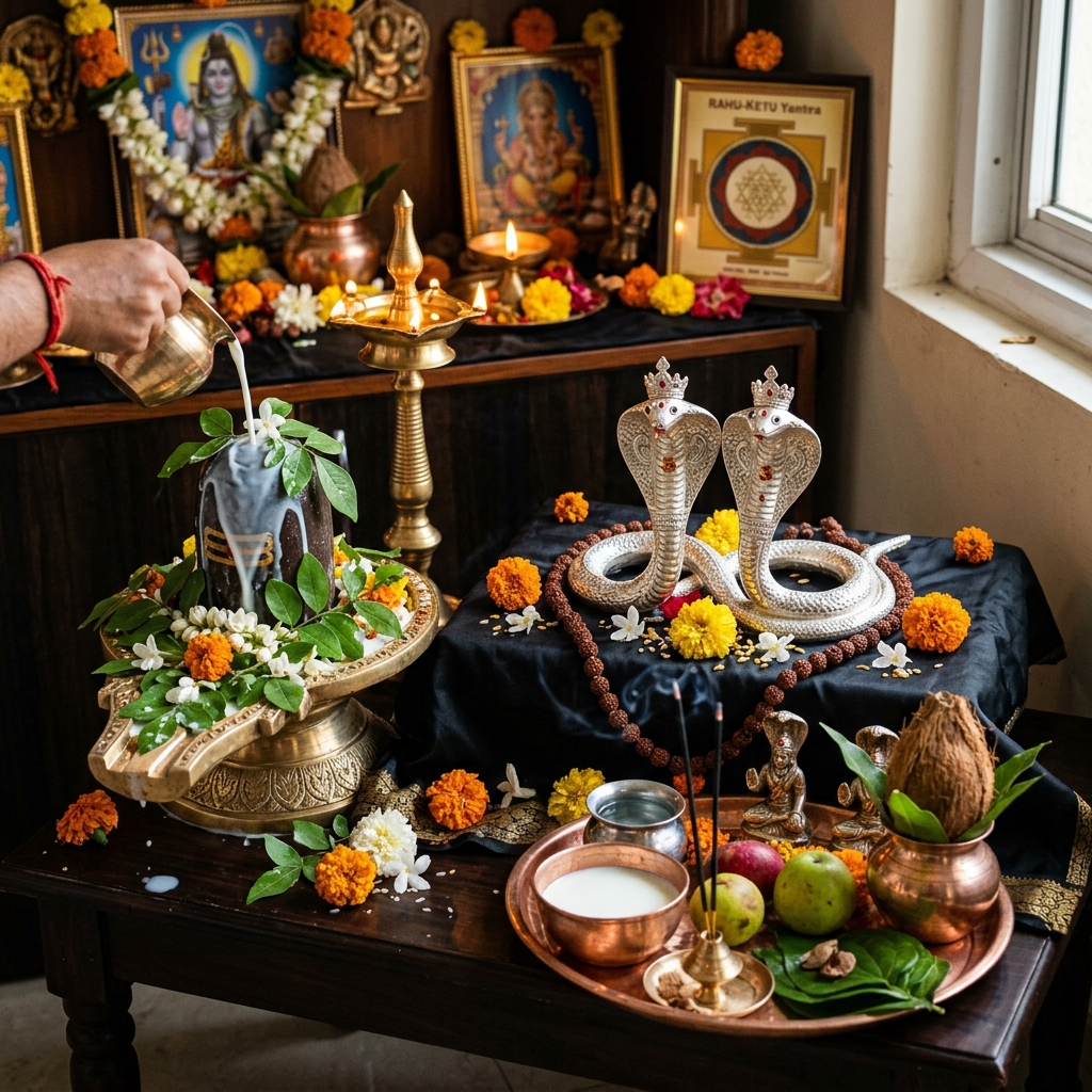 Kaal Sarp Dosh Nivaran Puja - Consecration of holy silver serpent pair on black cloth with Shiva Lingam abhishek