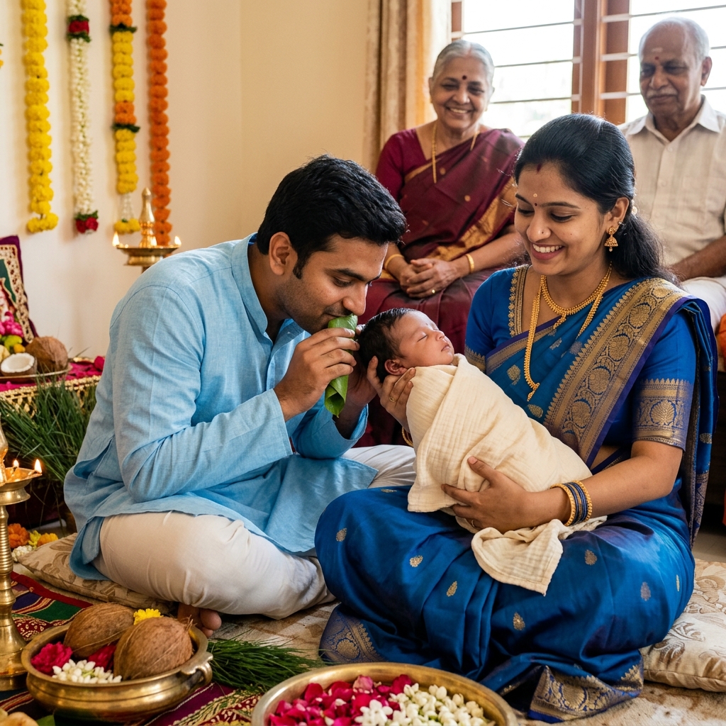 Namkaran Puja - Father whispering the newborn Vedic name into the infant right ear with sacred grass