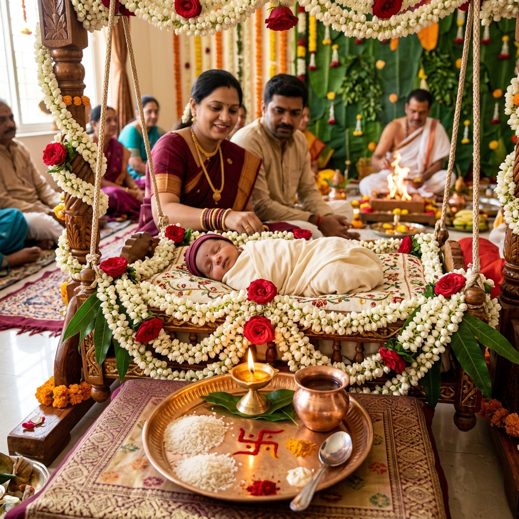Namkaran Puja - Traditional flower-decorated cradle and Nakshatra syllable consecration on rice thali