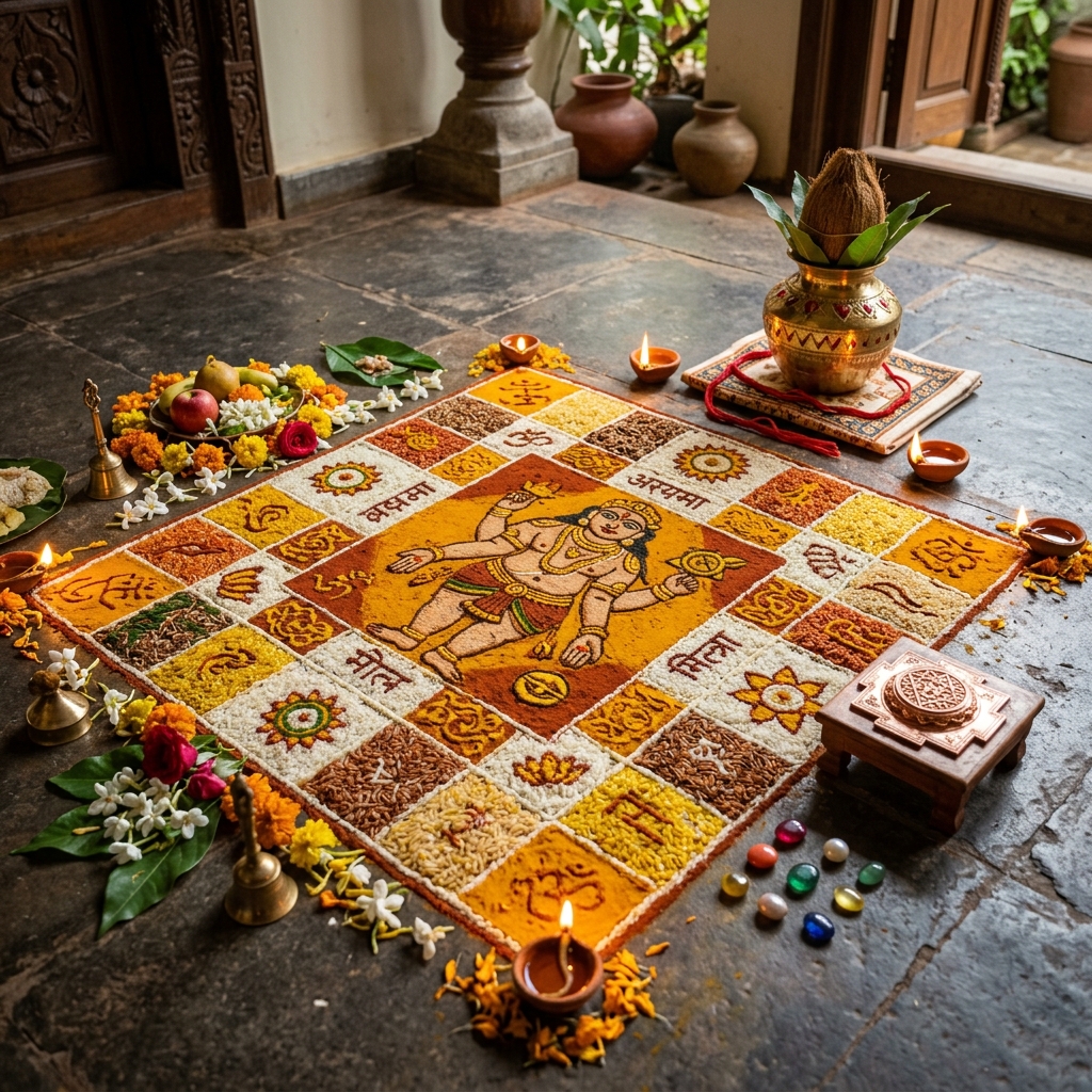 Vastu Shanti Puja - Traditional geometric Vastu mandala sanctified with Navaratna gems and copper yantra